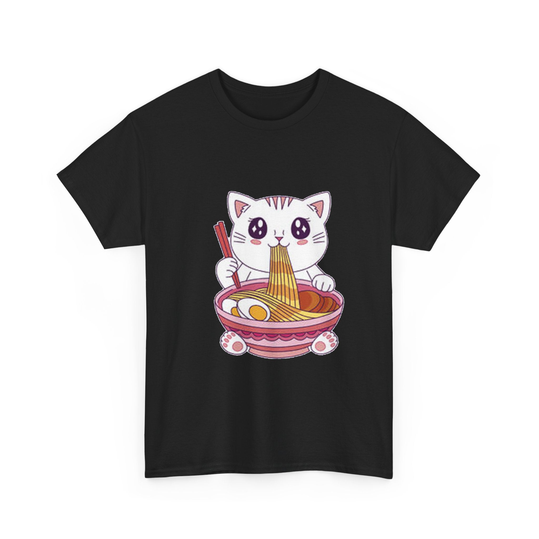 Cute Cat Ramen Tee – Kawaii Kitty Eating Noodles Graphic Shirt