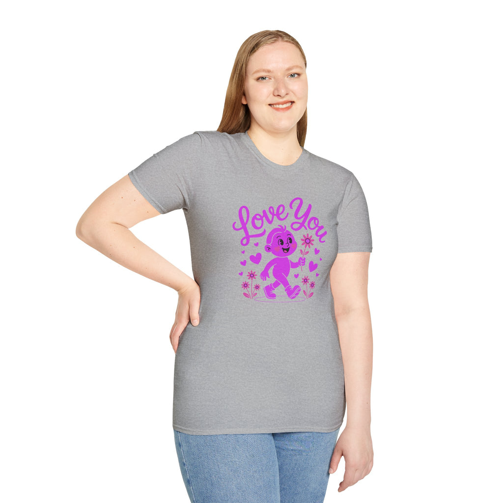 Love You Cute Character T-Shirt — Retro Pink Heart Cartoon Graphic Tee for Valentine’s Day