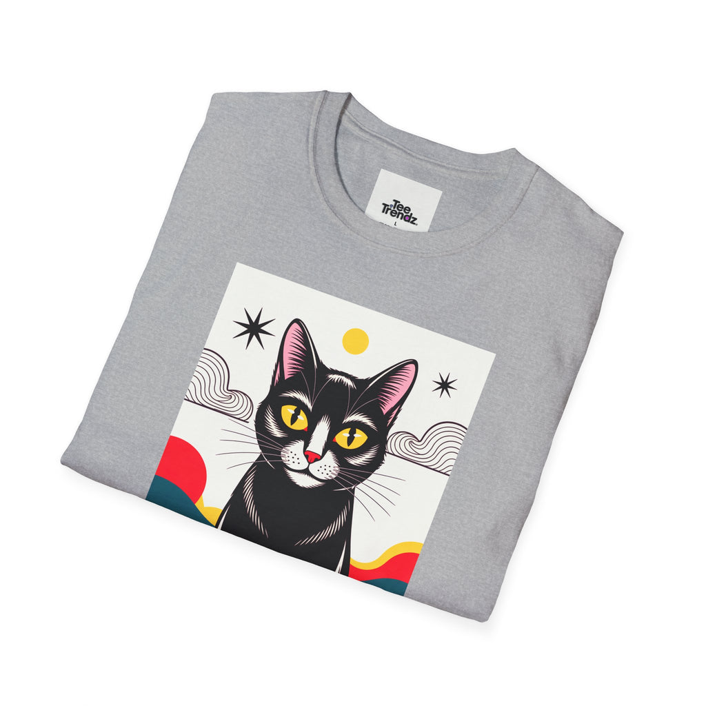 Black Cat Graphic T-Shirt — Retro Sunset Cat Illustration