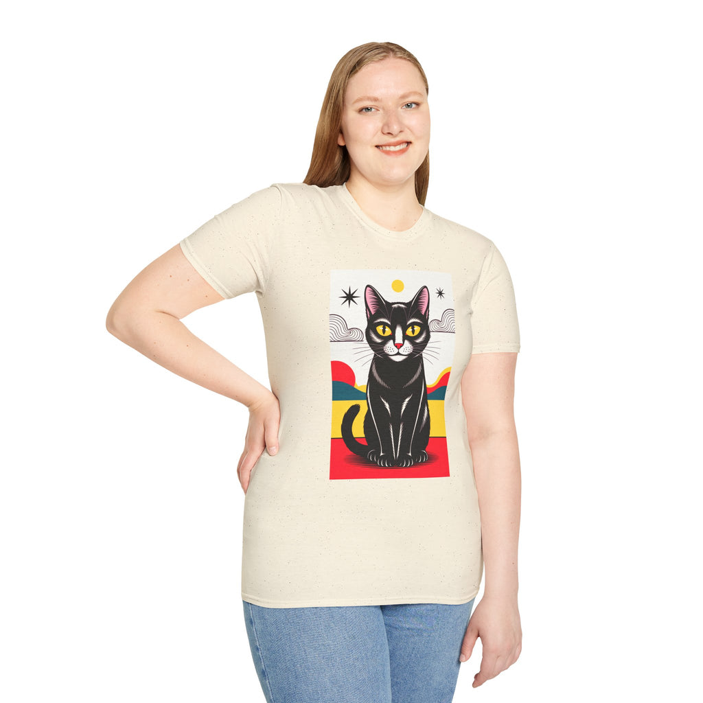 Black Cat Graphic T-Shirt — Retro Sunset Cat Illustration