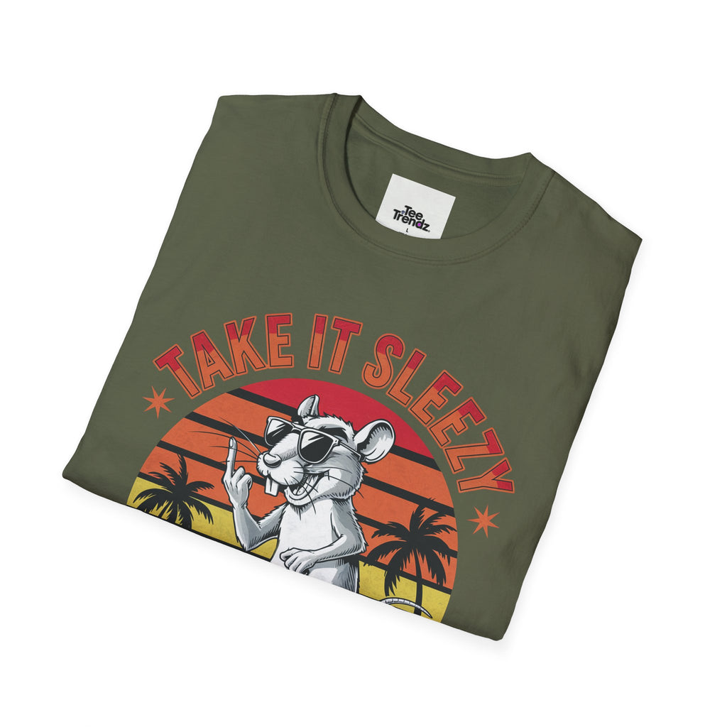 Take It Sleazy Skateboard Rat T-Shirt — Retro Sunset Beach Graphic Tee