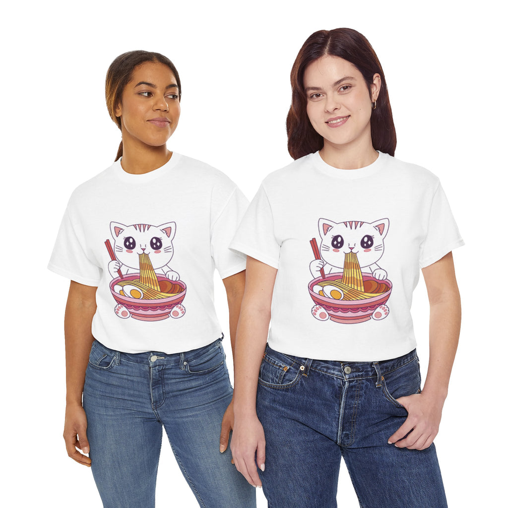 Cute Cat Ramen Tee – Kawaii Kitty Eating Noodles Graphic Shirt