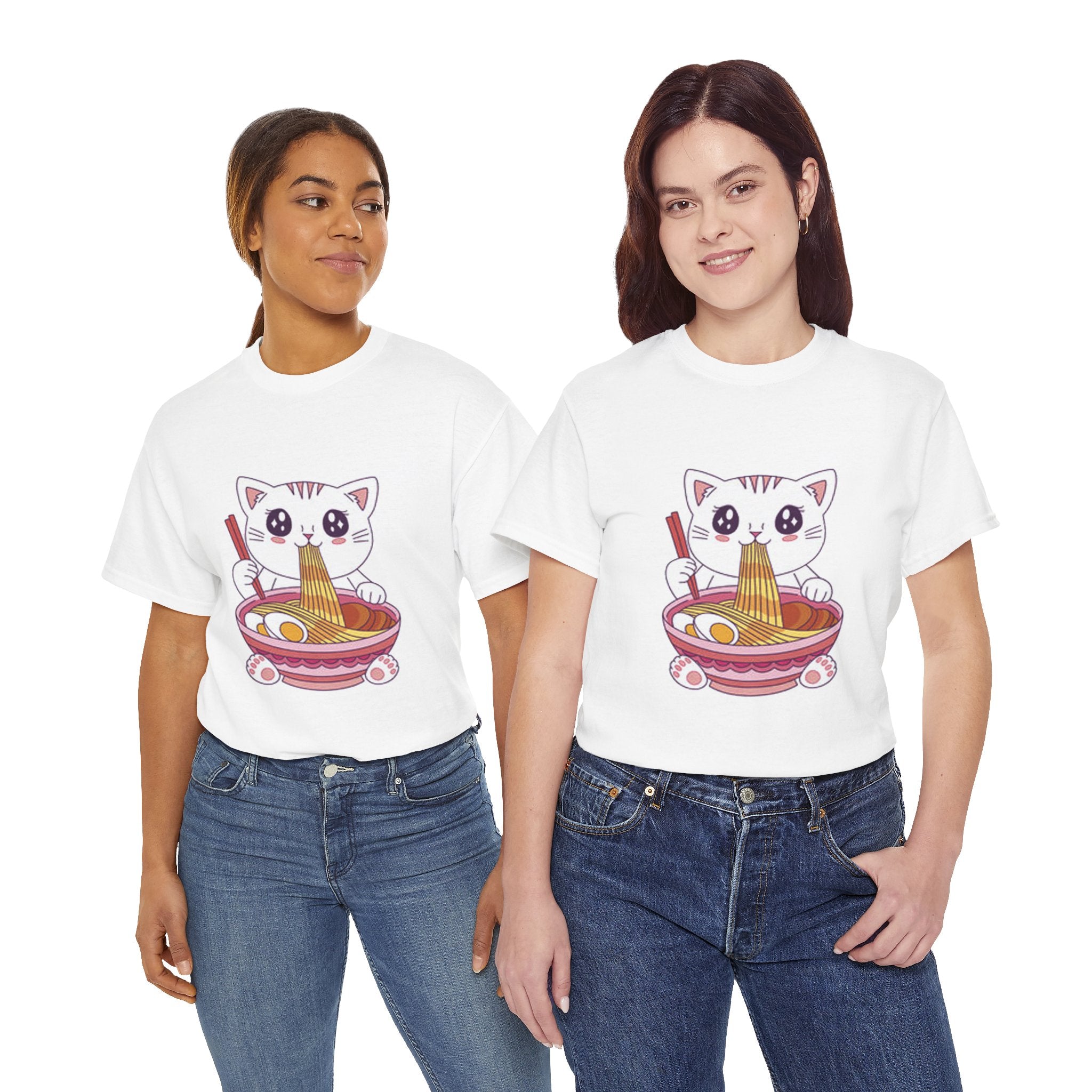 Cute Cat Ramen Tee – Kawaii Kitty Eating Noodles Graphic Shirt