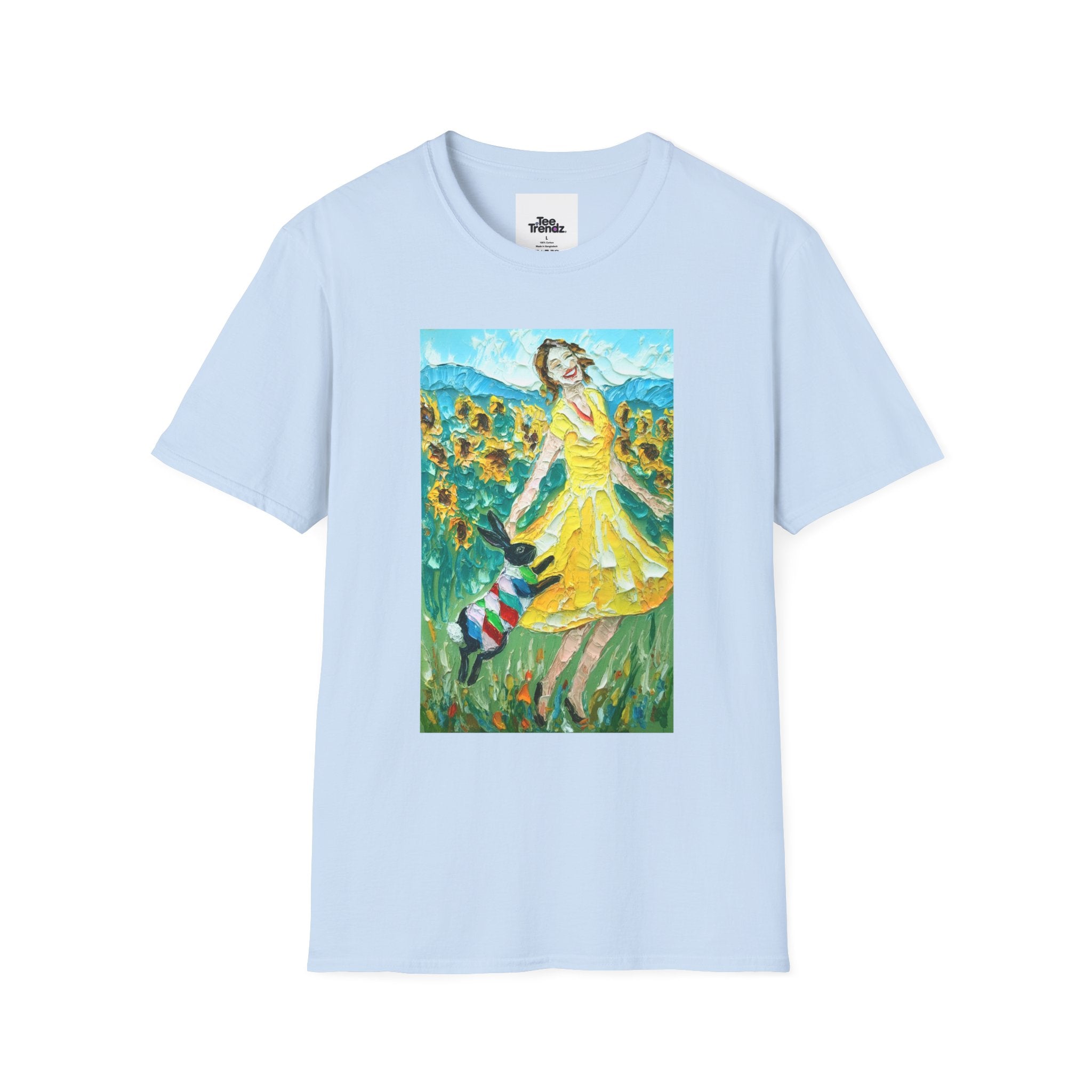 Sunflower Field Dress T-Shirt — Whimsical Girl & Dog Art Tee