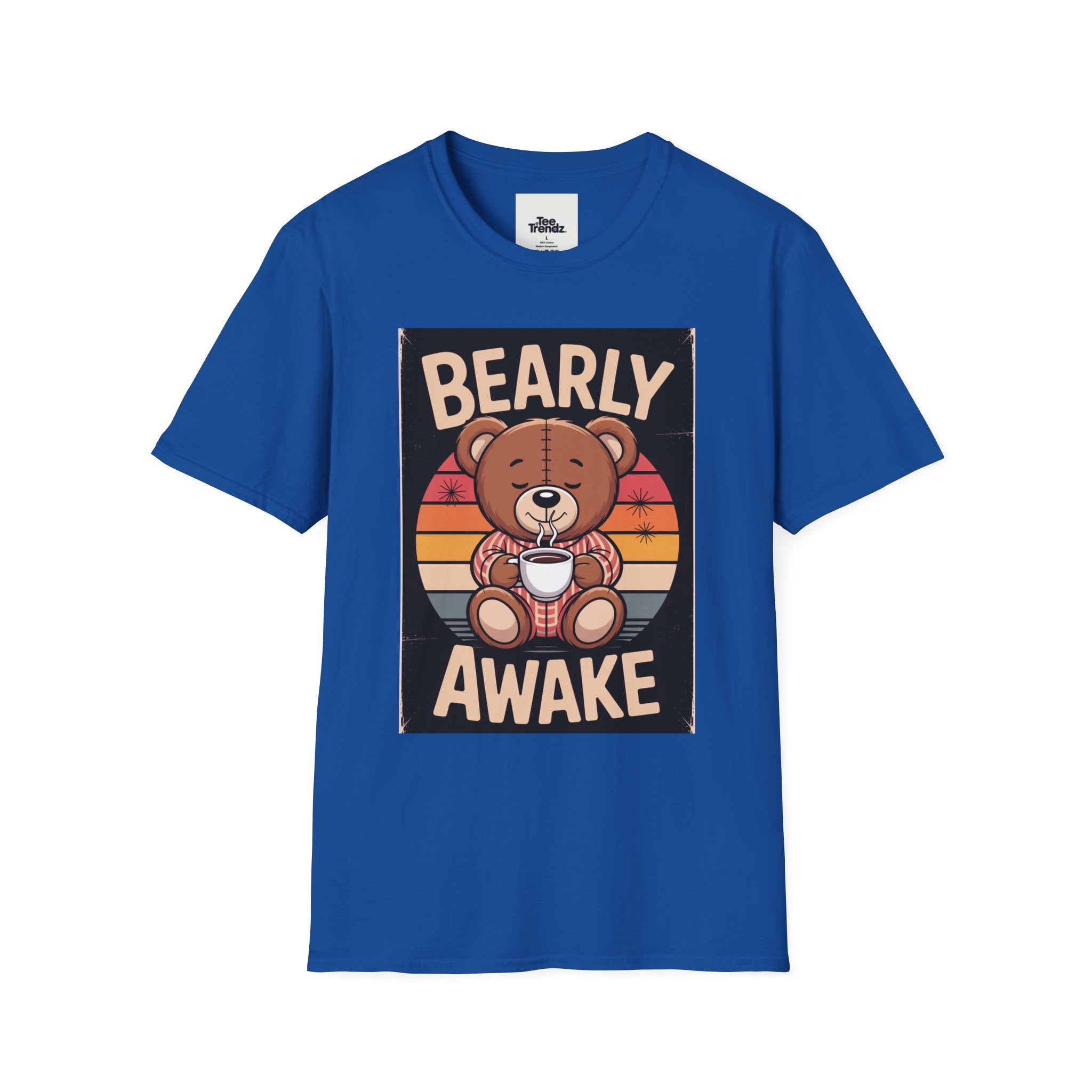Bearly Awake T‑Shirt — Cute Coffee Bear Vintage Sunset Tee