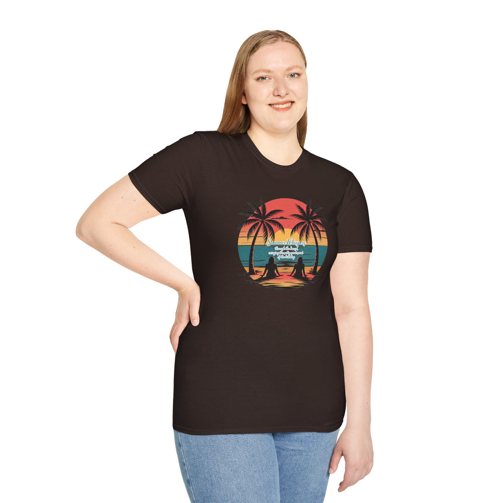 Beach Sunset T-Shirt — Couples Silhouette Palm Tree Graphic Tee (Vintage Rainbow Stripes)