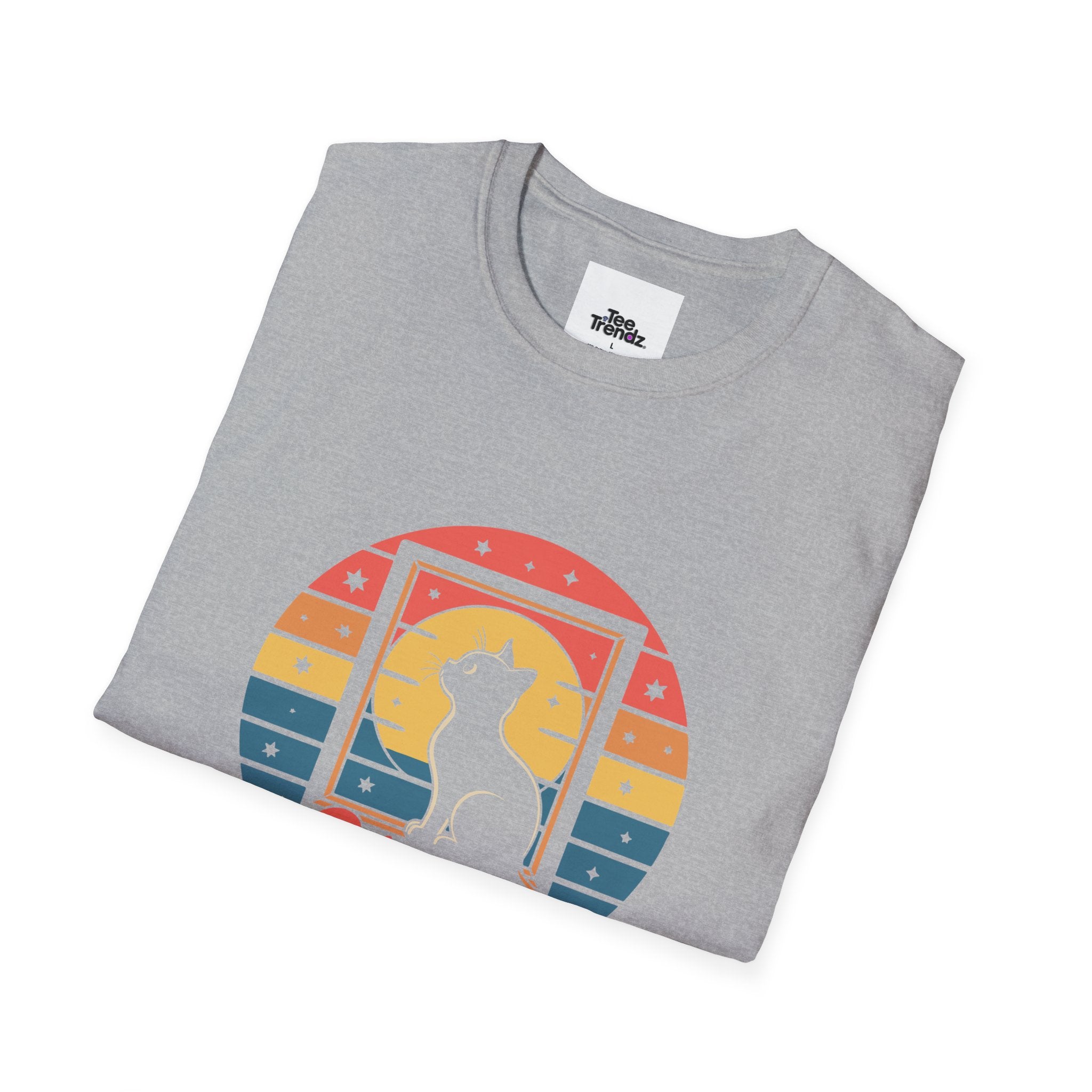 Stay Pawsitive Cat T-Shirt — Retro Rainbow Cat Graphic Tee