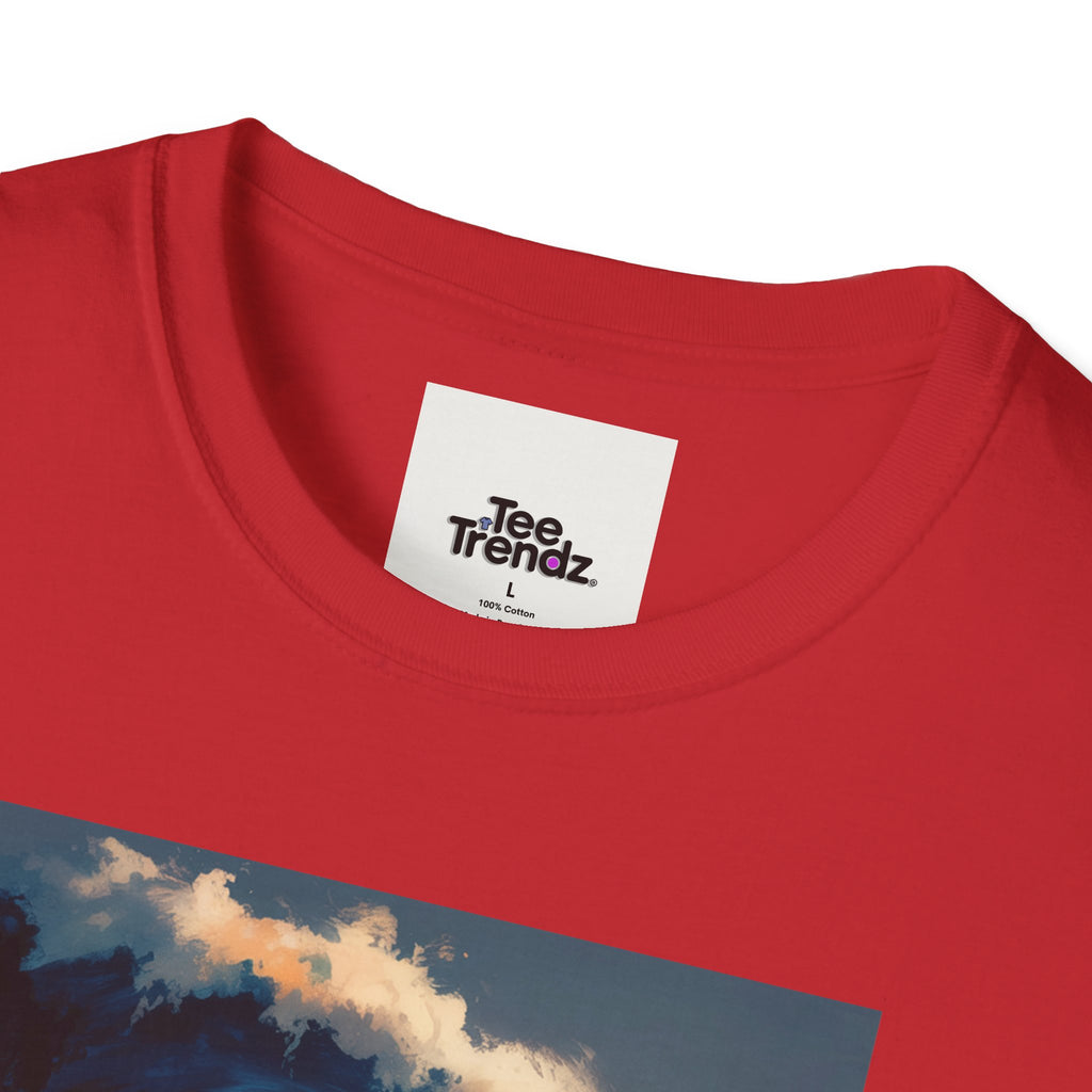 T-Shirt - Retro Beach Surf Scene with Giant Wave and Relaxing Skeleton (Vintage Coastal Vibe)