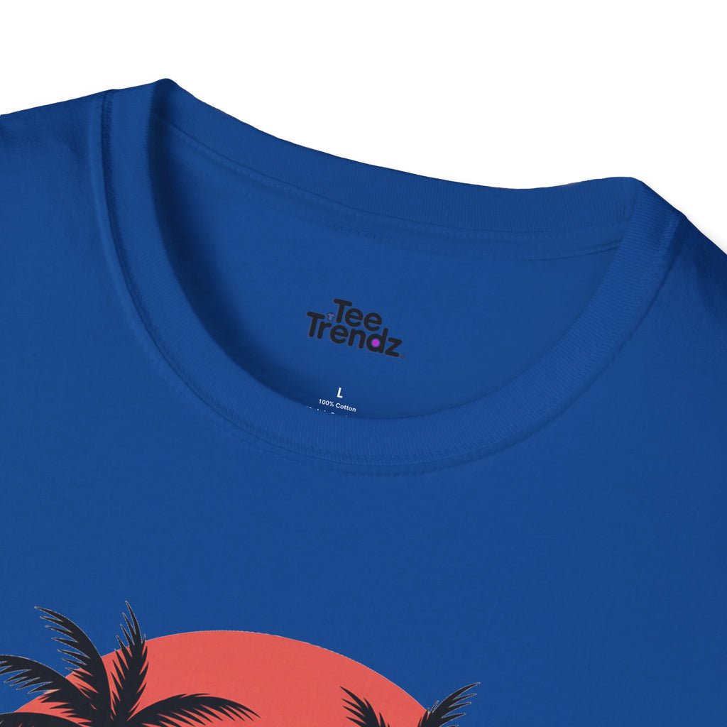 Beach Sunset T-Shirt — Couples Silhouette Palm Tree Graphic Tee (Vintage Rainbow Stripes)